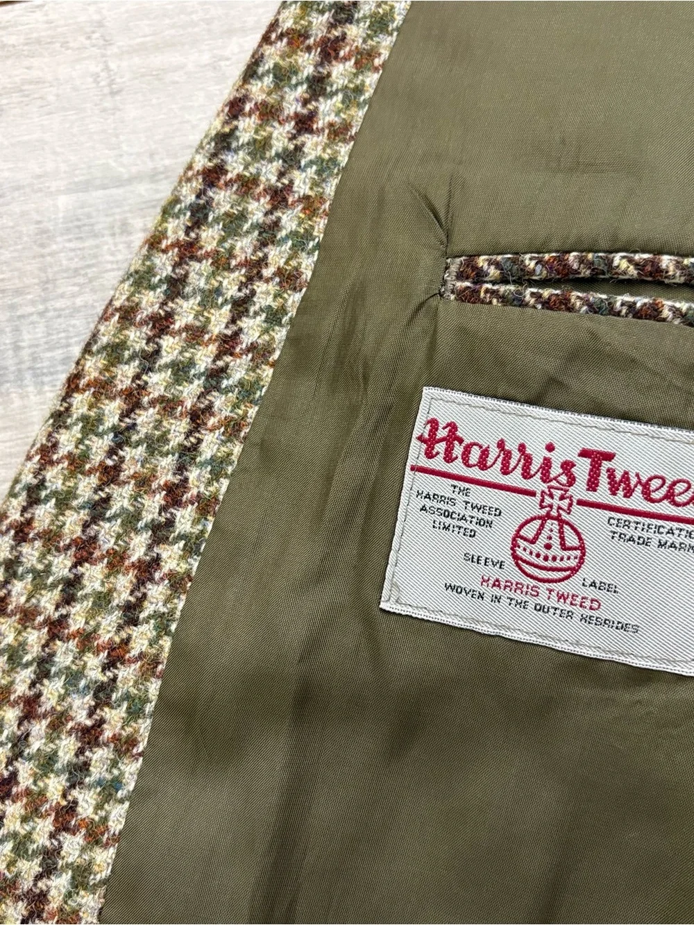 Vtg Joel Ferrin Harris Tweed Blazer Men's 46R Beige Houndstooth Wool Sport Coat